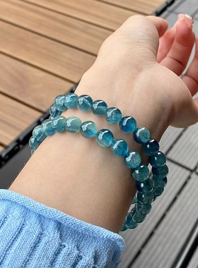 新品蓝绿双色蓝晶石手链双色冰种蓝手串透体猫眼拉丝绿蓝晶石手串
