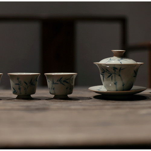 |霁斋|《竹林》南瑾三才盖碗 品茗杯 釉下彩手绘 草木灰 茶具茶杯