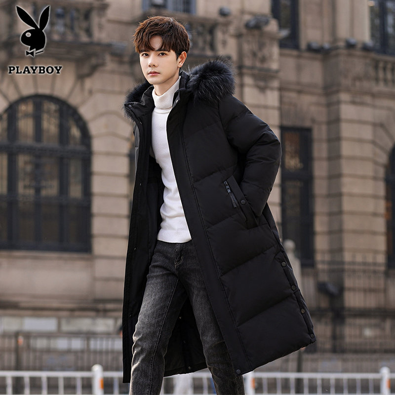 花花公子羽绒服男女同款冬季过膝长款加厚情侣装时尚加长极寒外套