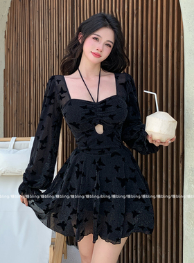 绝美大码泳衣女胖mm黑色高级感裙式连体遮肉胖女孩海边度假小众风