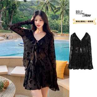 微胖裙式 爆款 分体三件套高级感遮肚度假风 泳衣女2025新款 黑色长袖