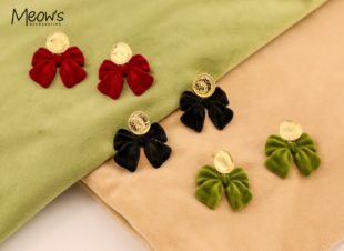 Meow's 圣诞毛绒蝴蝶结耳坠可爱夸张金属耳环秋冬晚会高级感耳饰