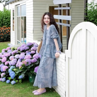 春夏款两件套 苎麻印花衬衫上衣吊带连衣裙B0423长裙