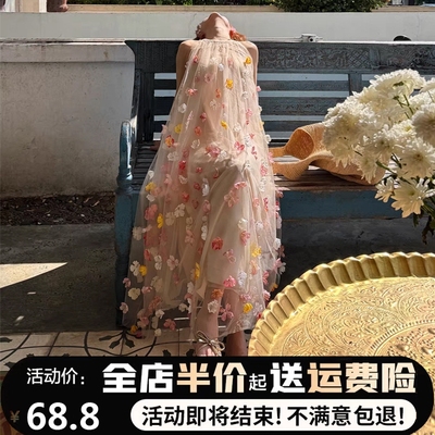 法式绝美超火仙女挂脖长裙子2025春夏新品立体花朵显瘦公主连衣裙