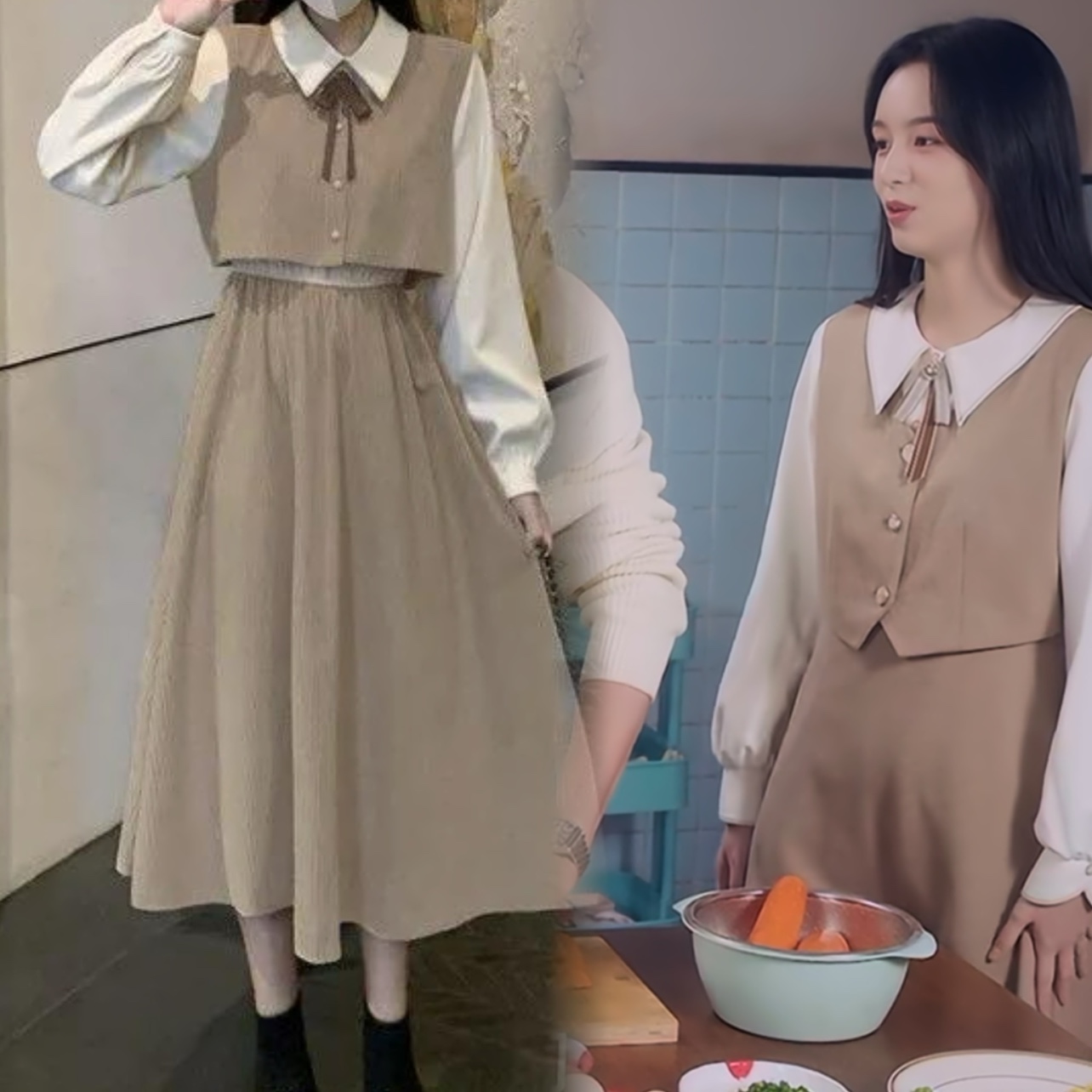 假两件收腰秋冬季长袖连衣裙