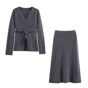 新闻女王文慧心佘诗曼同款时尚气质优雅配置腰带针织衫上衣半身裙