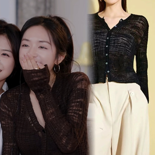 心动的信号翁青雅同款进口纱竖条肌理感棉混纺圆领长袖针织开衫女