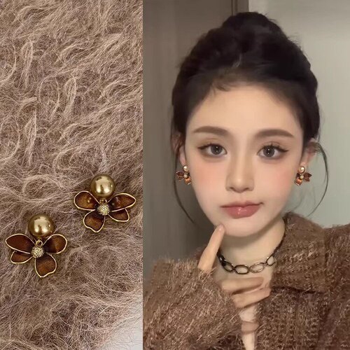 小众法式美拉德花朵耳夹高级感