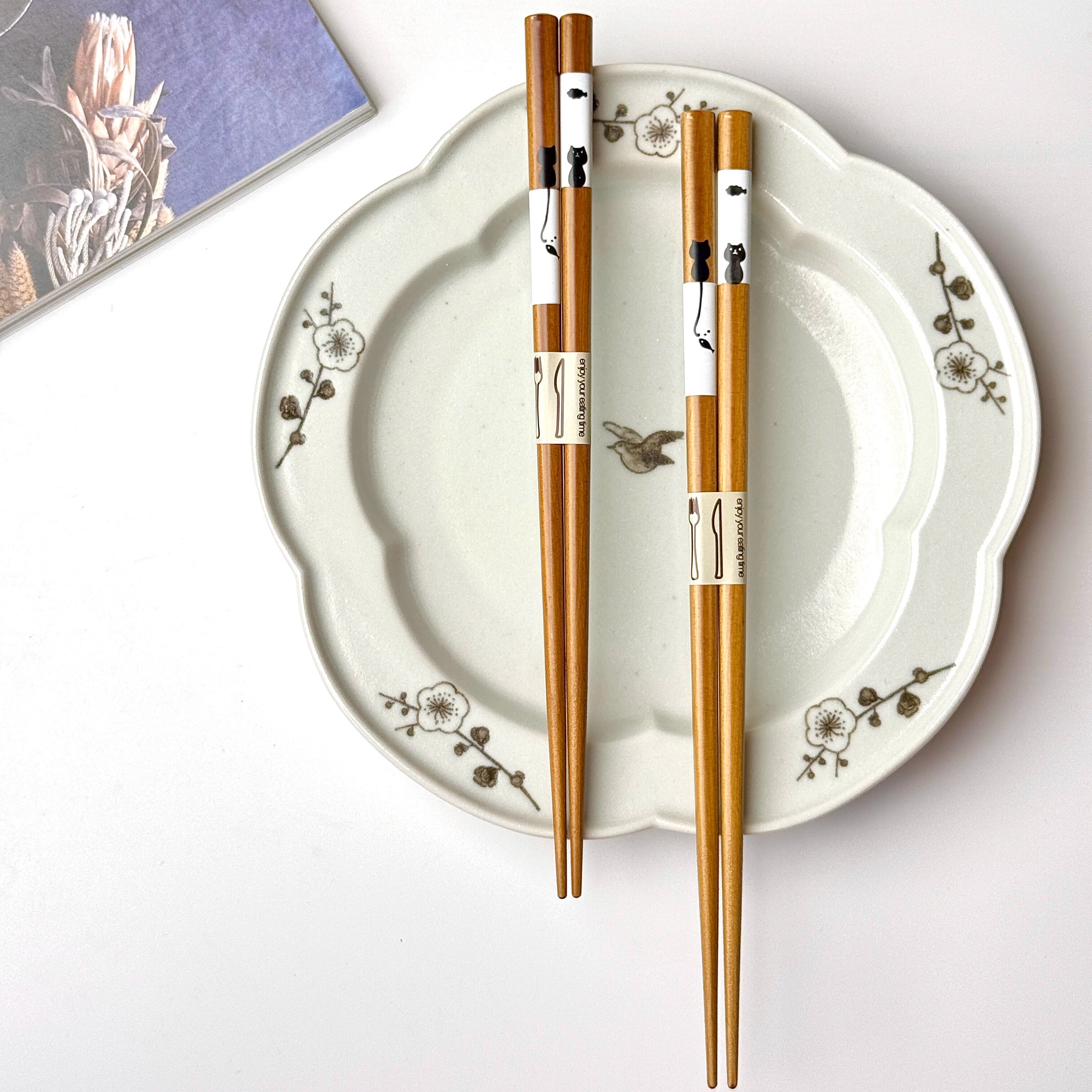 日本sunlife日式小清新饥饿猫防滑家用情侣对筷实木尖头寿司筷子