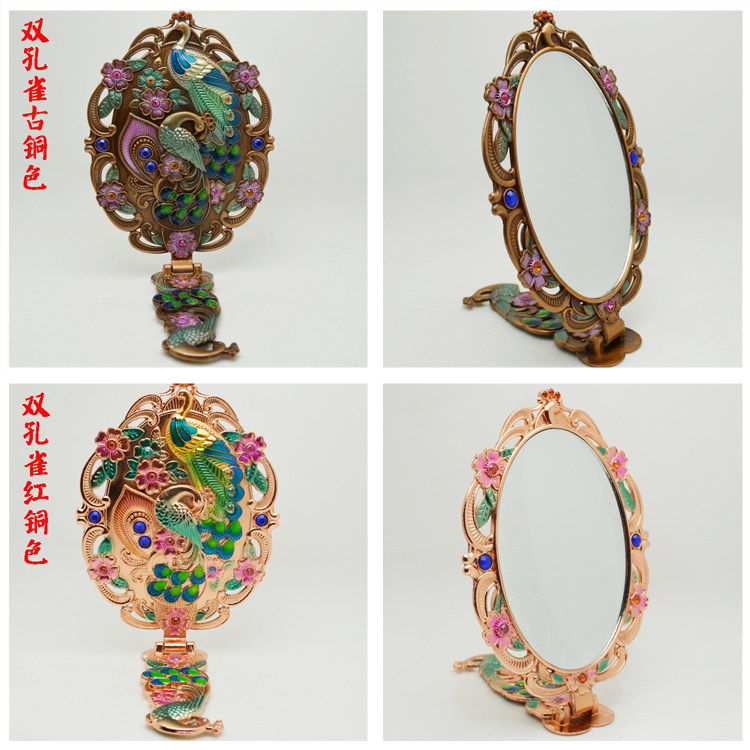 景泰蓝 古典化妆镜台式便携手柄 折叠镜子手持复古孔雀仿铜镜子