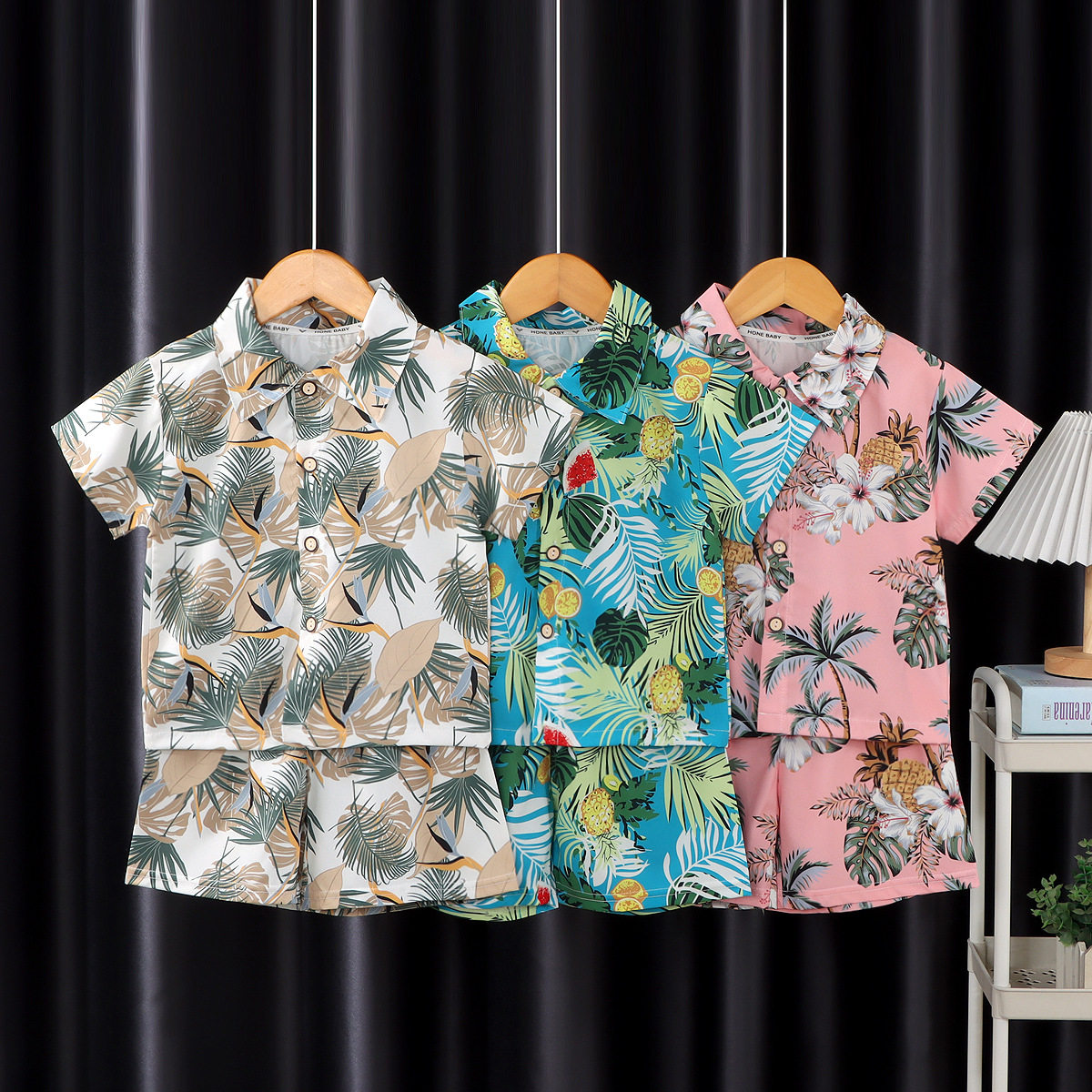 新款儿童短袖套装 男款衬衣短袖套装 短袖短裤沙滩两件套