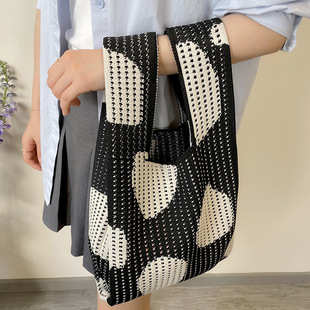 韩版 镂空小花针织手提包手拎包学生大容量腋下包女包 小众设计时尚