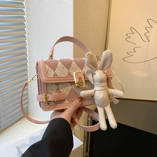 休闲单肩包 新款 韩版 撞色菱格手提小包包女简约百搭小方包2023时尚