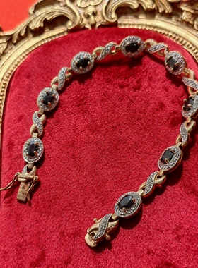 台湾出口创汇Pt镀金925纯银深蓝宝石厚实爪镶手链中古着首饰回流