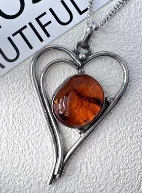 大颗琥珀花珀925纯银心形项链