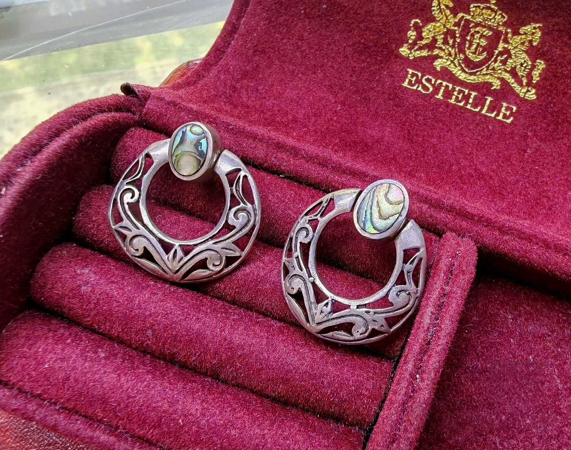 墨西哥古典镂空工艺手工925纯银螺钿贝母耳饰耳钉一对中古古着