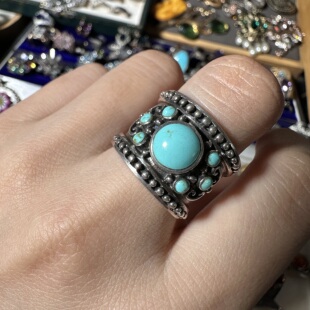 西洋古董银器vintage中古首饰海外回流印第安925银绿松石戒指15号