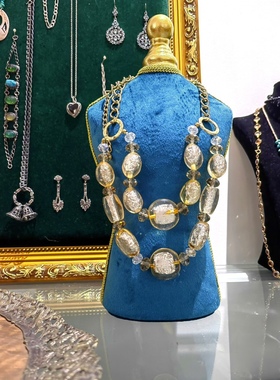 中古首饰Vintage双层项链白水晶茶晶手工银箔琉璃古着西洋复古