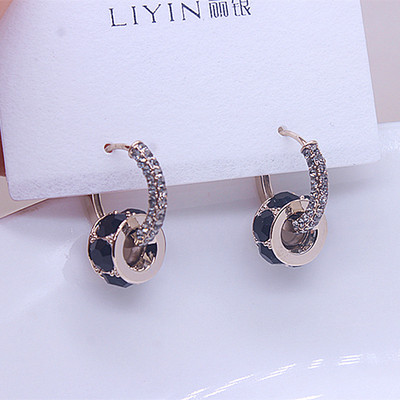 复古时来运转耳环耳钉女黑色水晶新款耳扣耳圈小众轻奢高级感耳饰