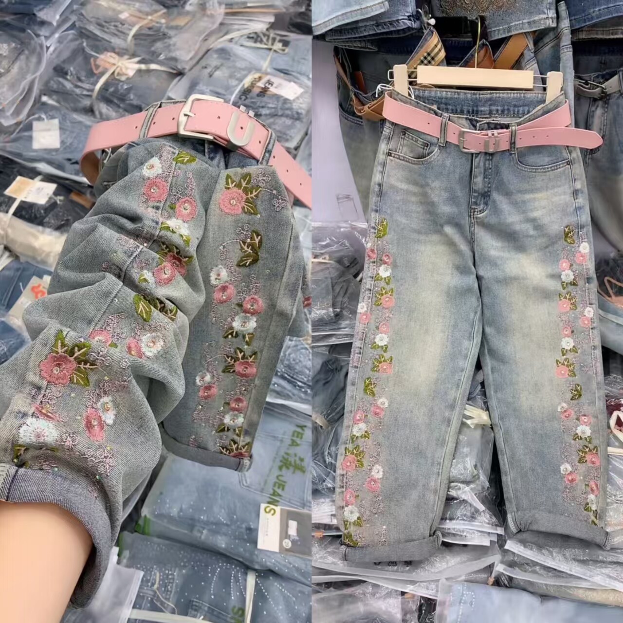 重工刺绣花朵九分高腰显瘦牛仔裤