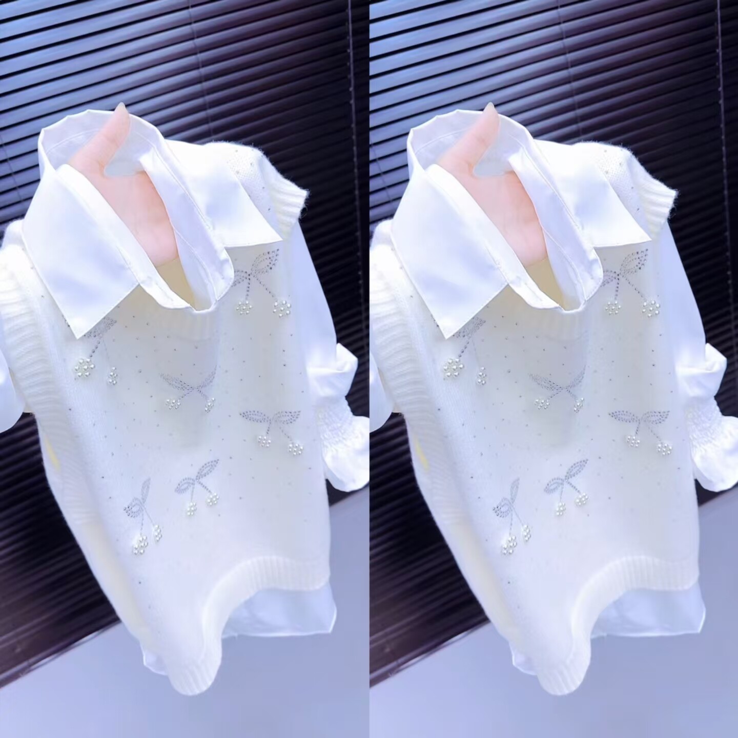 温柔甜美针织马甲+衬衫两件套
