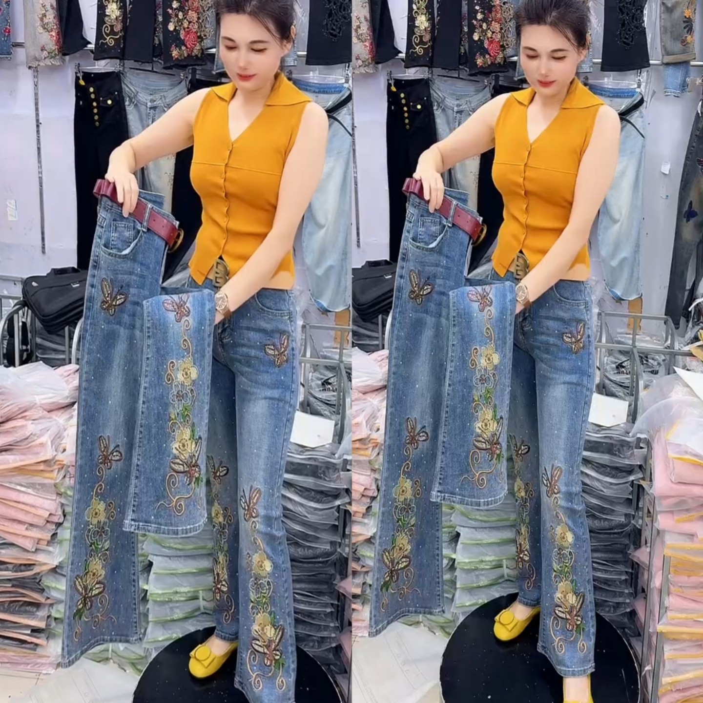 重工牛仔裤女烫钻微辣裤休闲长裤
