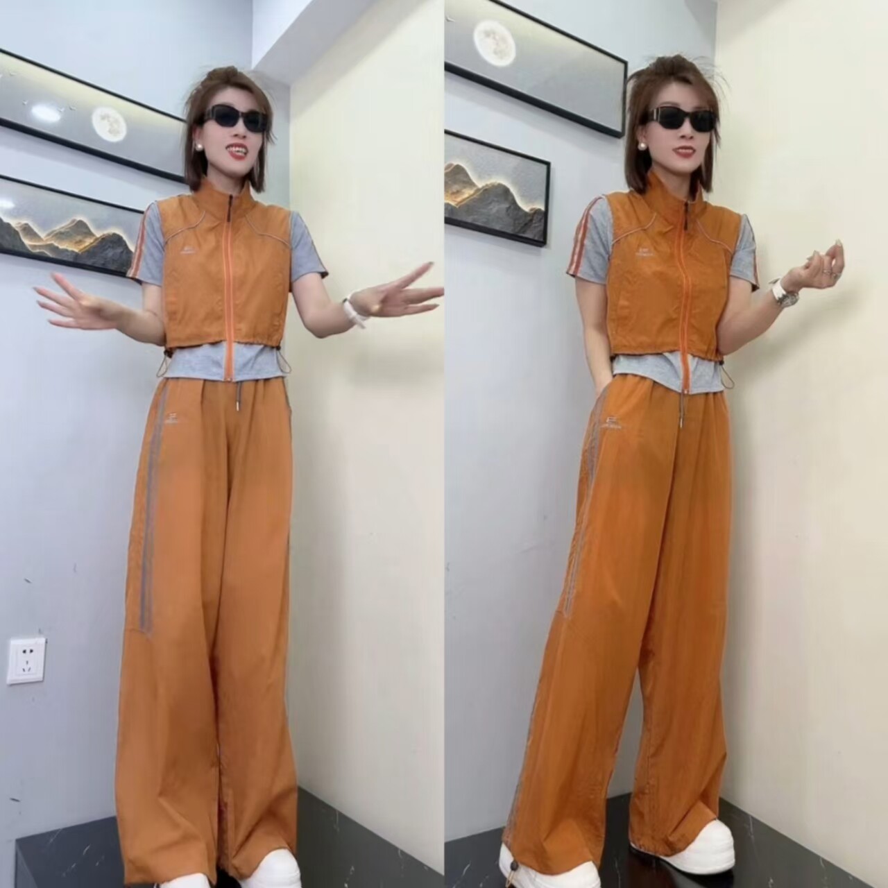 运动风撞色条纹速干两件套装女夏季薄款休闲阔腿裤假两件立领短袖