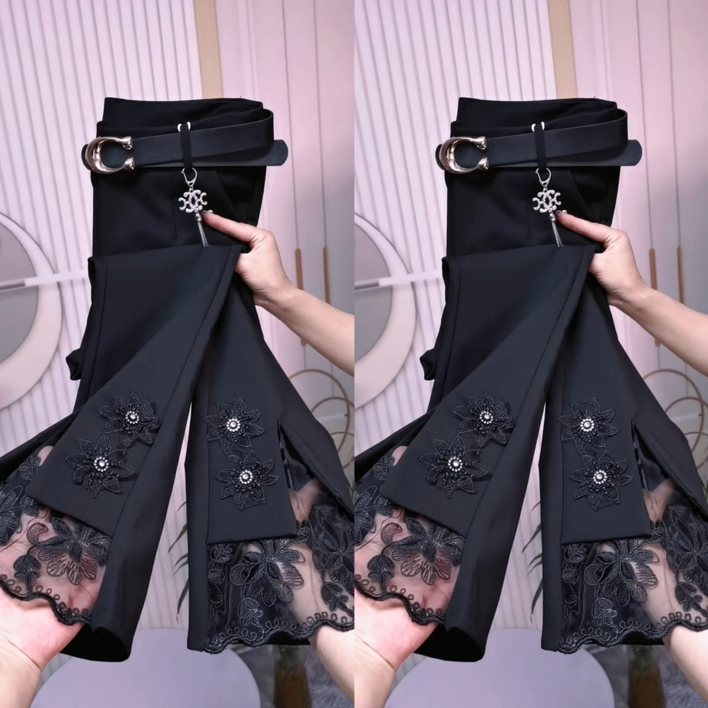 重工立体花喇叭裤蕾丝拼接时装裤