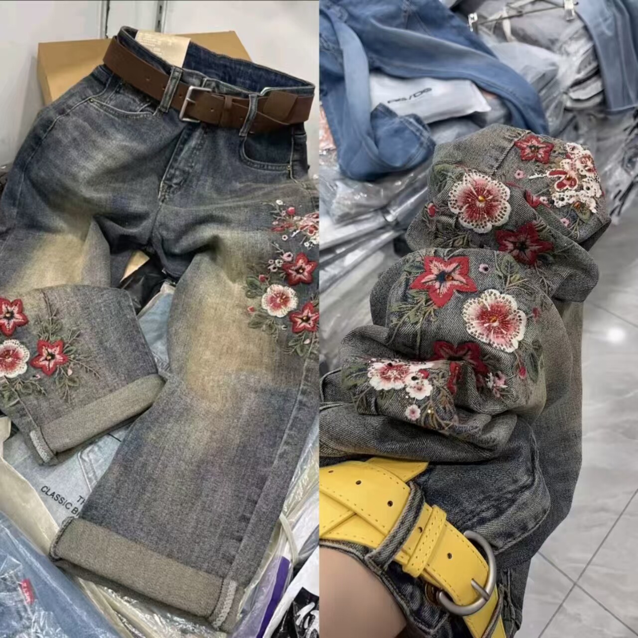 重工刺绣高腰显瘦九分哈伦牛仔裤