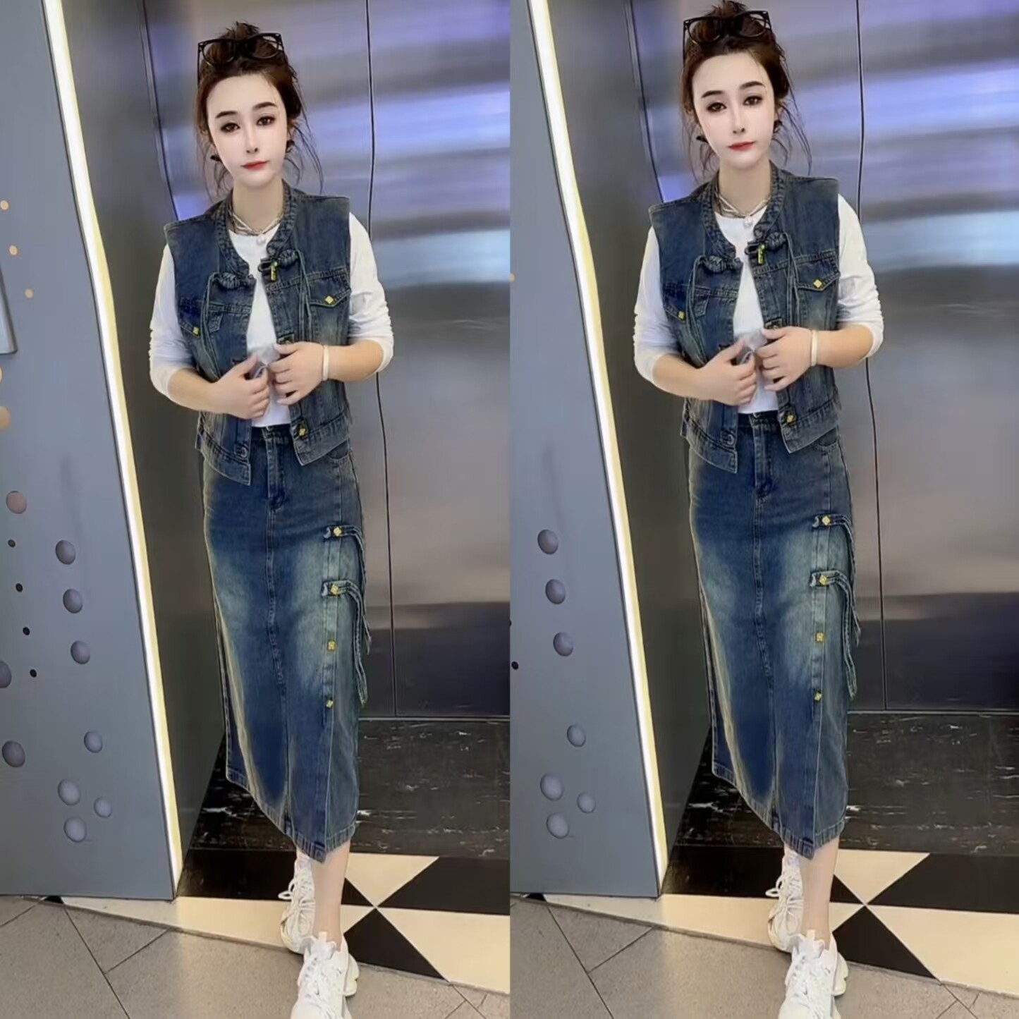 国风盘扣牛仔三件套女春季洋气