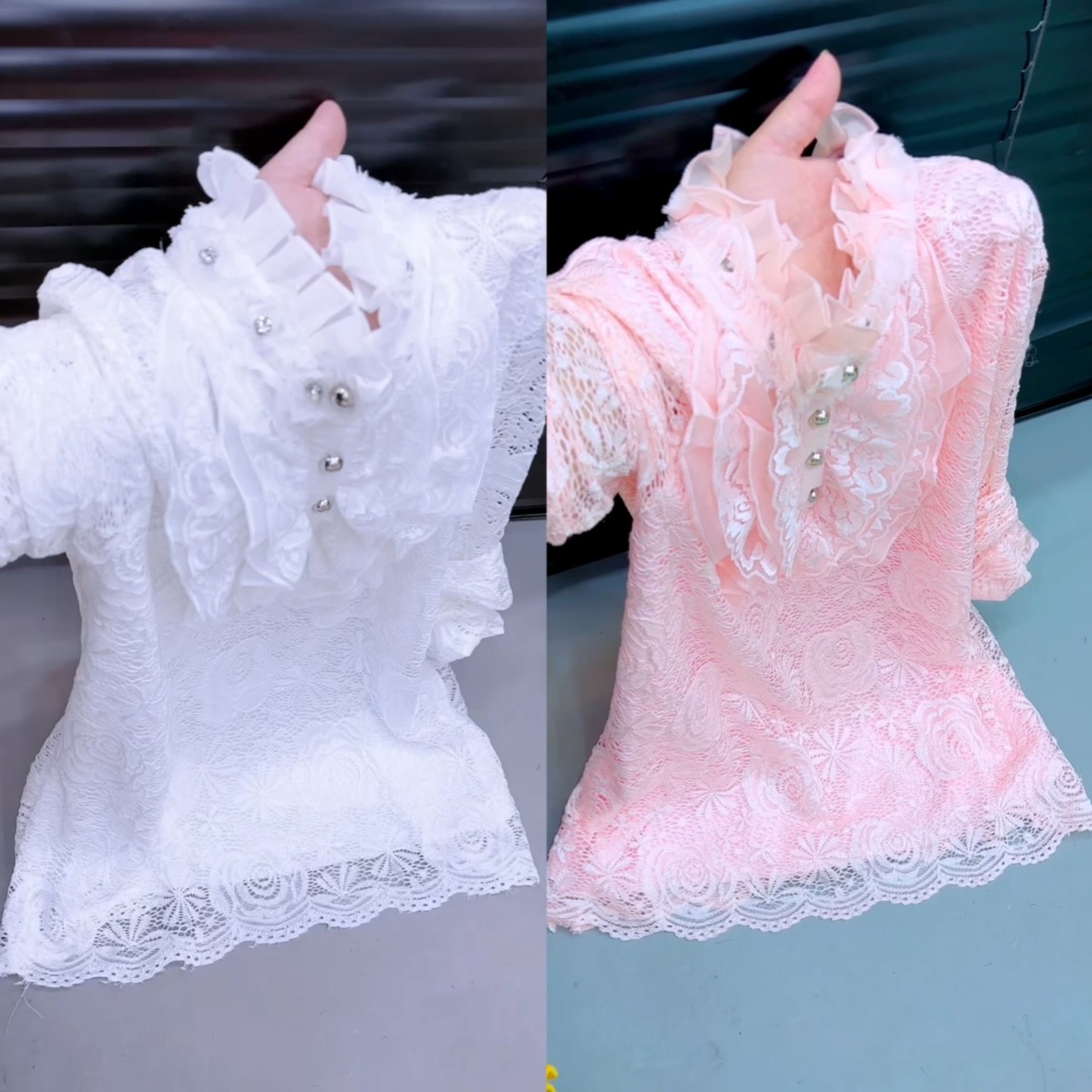 法式重工镶钻荷叶边蕾丝衫显瘦