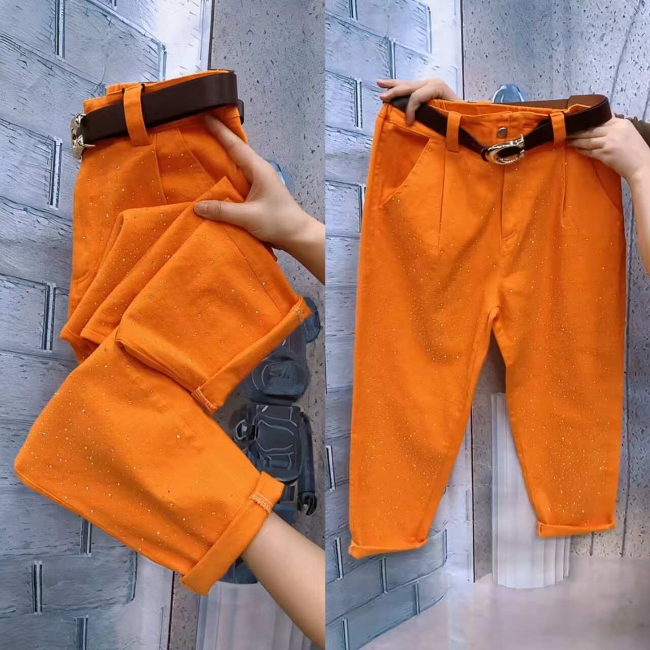 重工烫钻休闲裤女九分糖果色宽松遮肉显瘦哈伦裤2026年水洗棉女裤