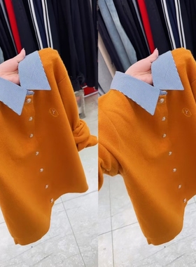 学院风假两件拼接领针织衫女开衫设计橙色显瘦减龄毛衣外套2026年