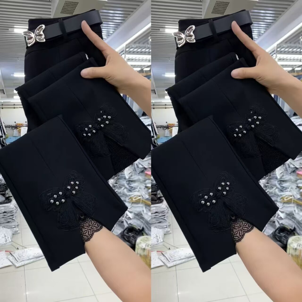 高腰显瘦蕾丝蝴蝶结微喇九分裤潮