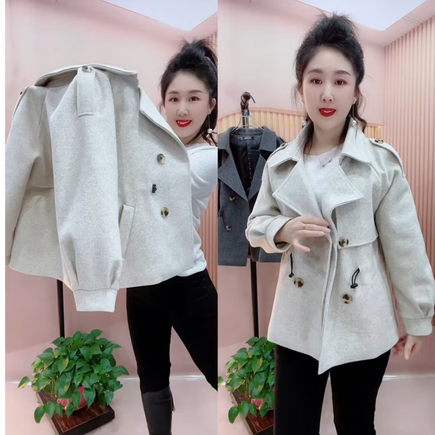 翻领短款毛呢外套女收腰显瘦上衣