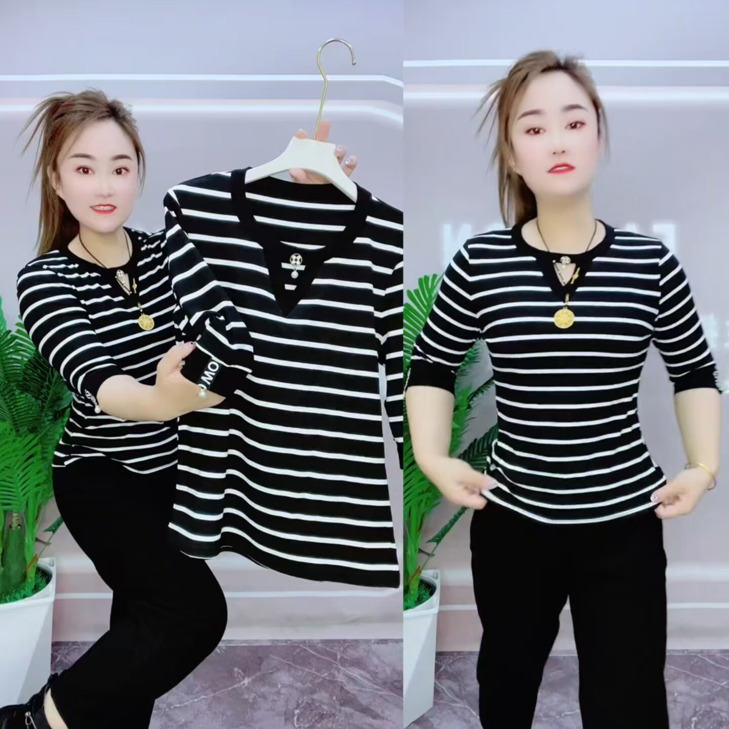 显瘦条纹圆领T恤女短袖修身