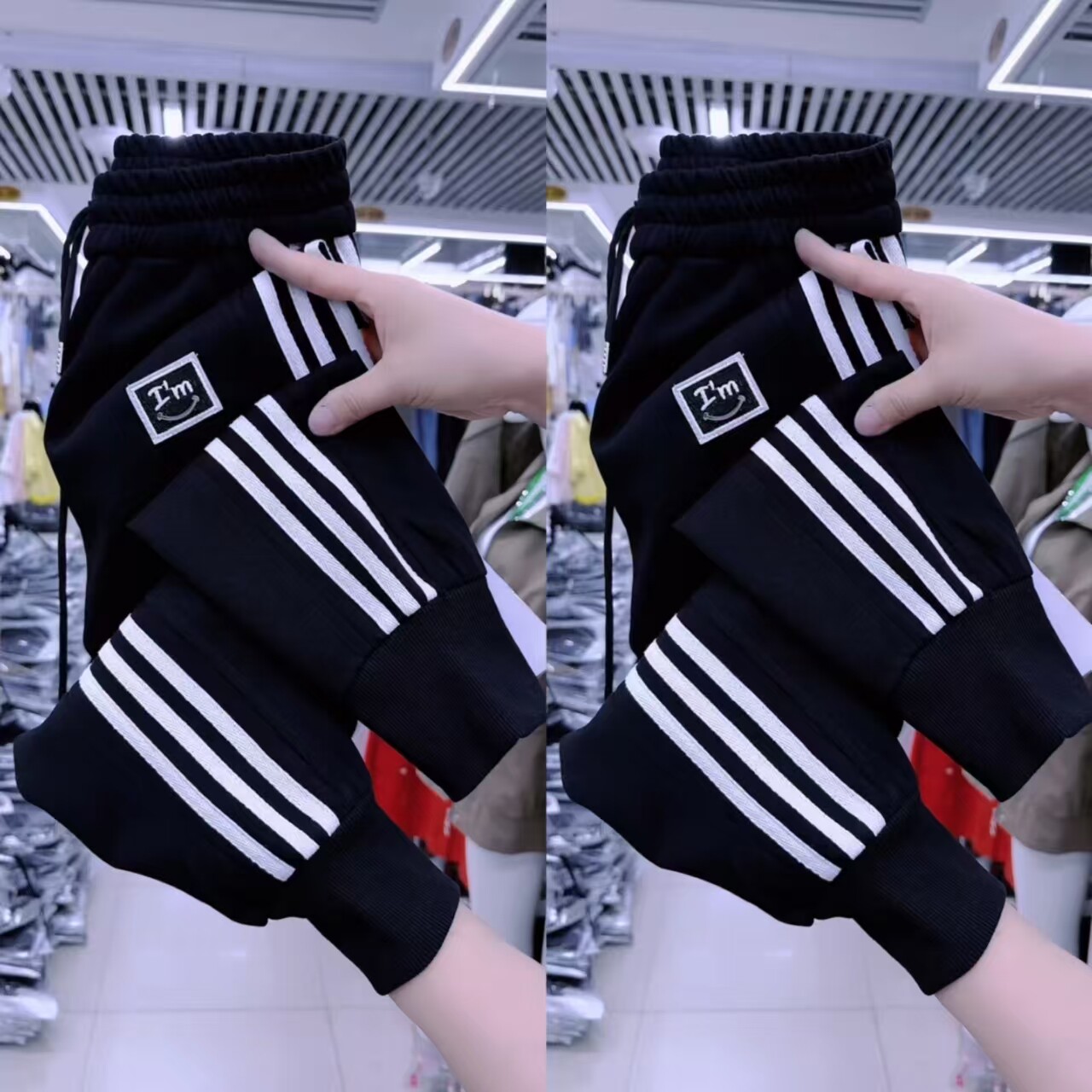 夏季女松紧腰撞色条束脚九分卫裤