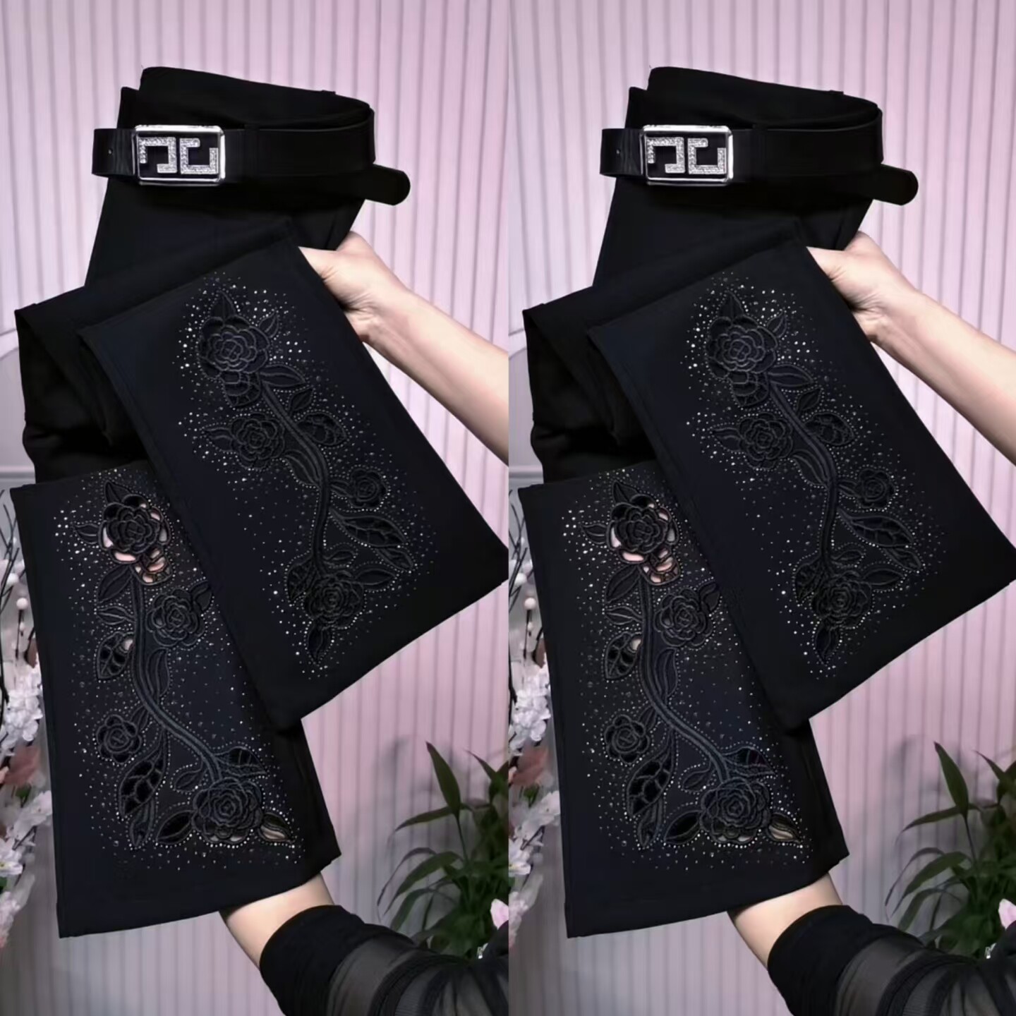 重工烫钻高腰显瘦九分微喇女裤