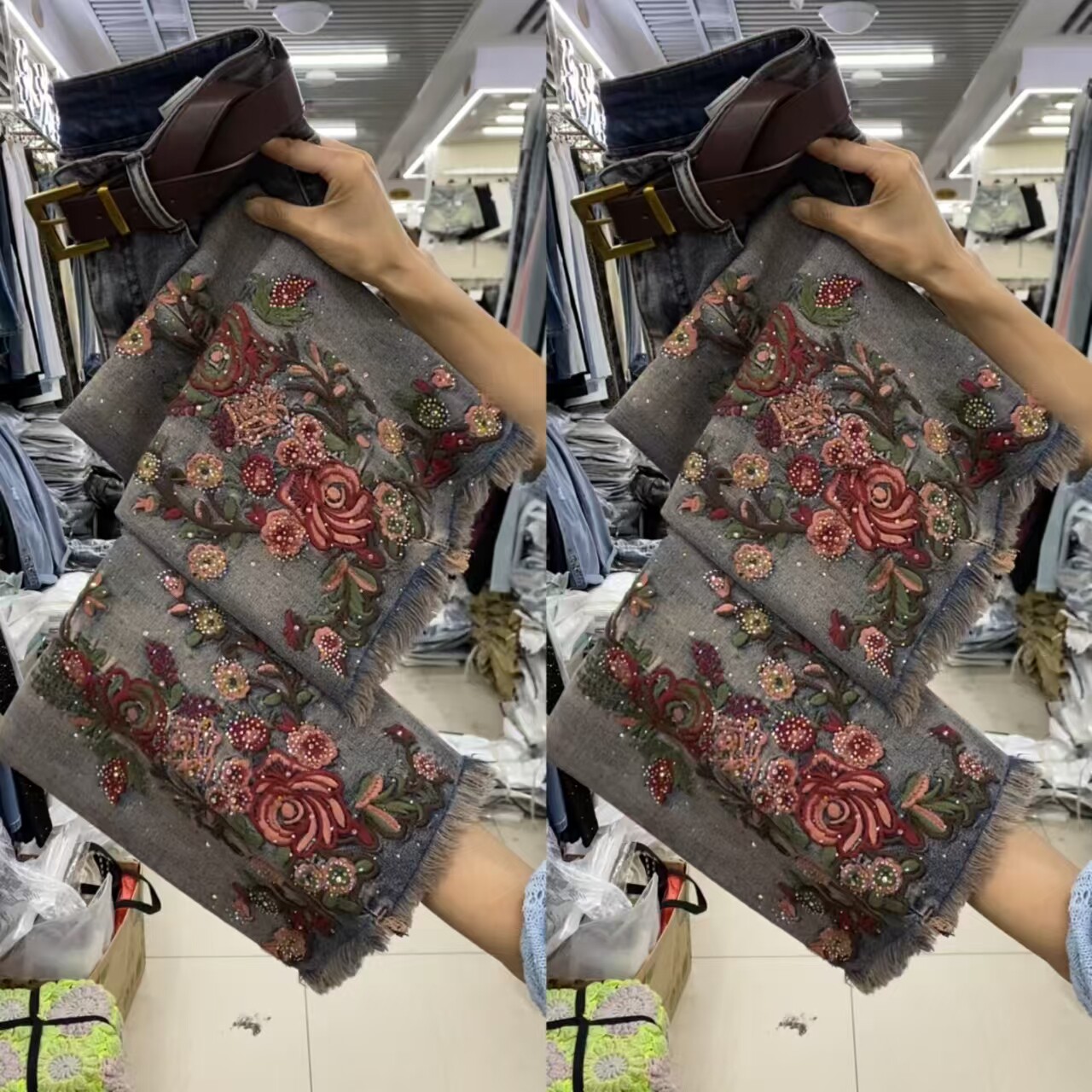 复古烫钻高腰显瘦微喇牛仔裤