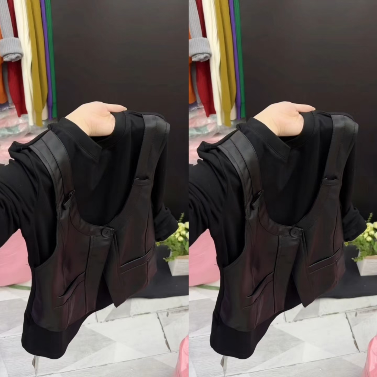 假两件打底衫洋气pu马甲拼接T恤
