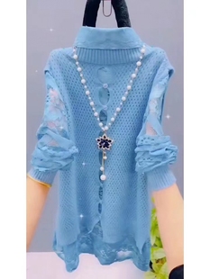 针织马甲 镂空蕾丝衬衫 分体两件套女秋季 短款 洋气新款 减龄针织衫
