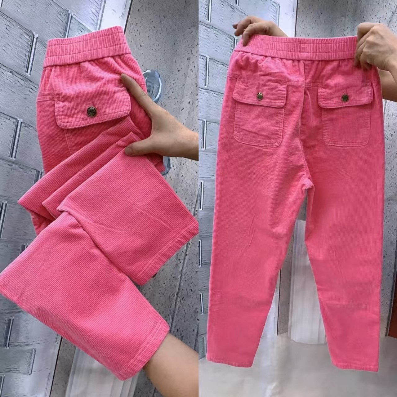 时尚条绒休闲裤女2025年秋季新款松紧腰糖果色减龄直筒裤宽松百搭