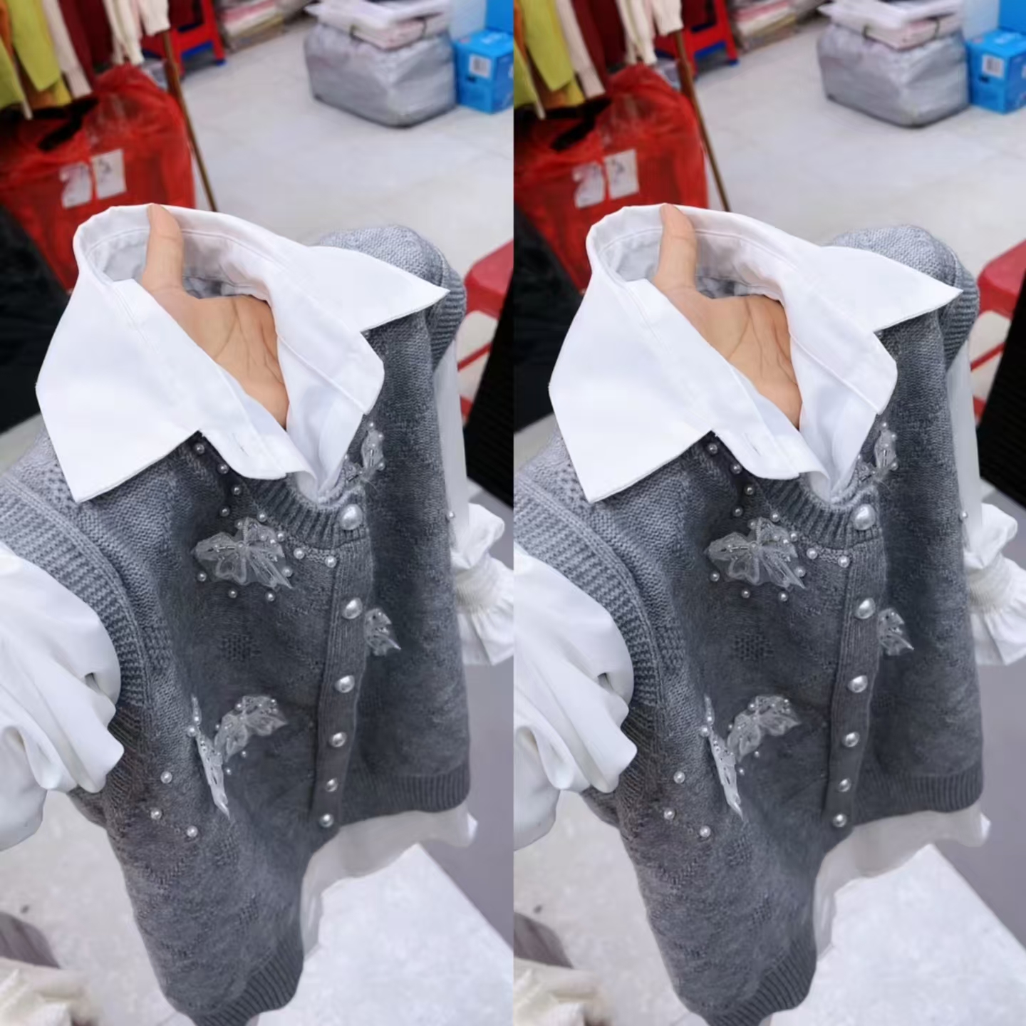 学院风钉珠针马甲+衬衫两件套