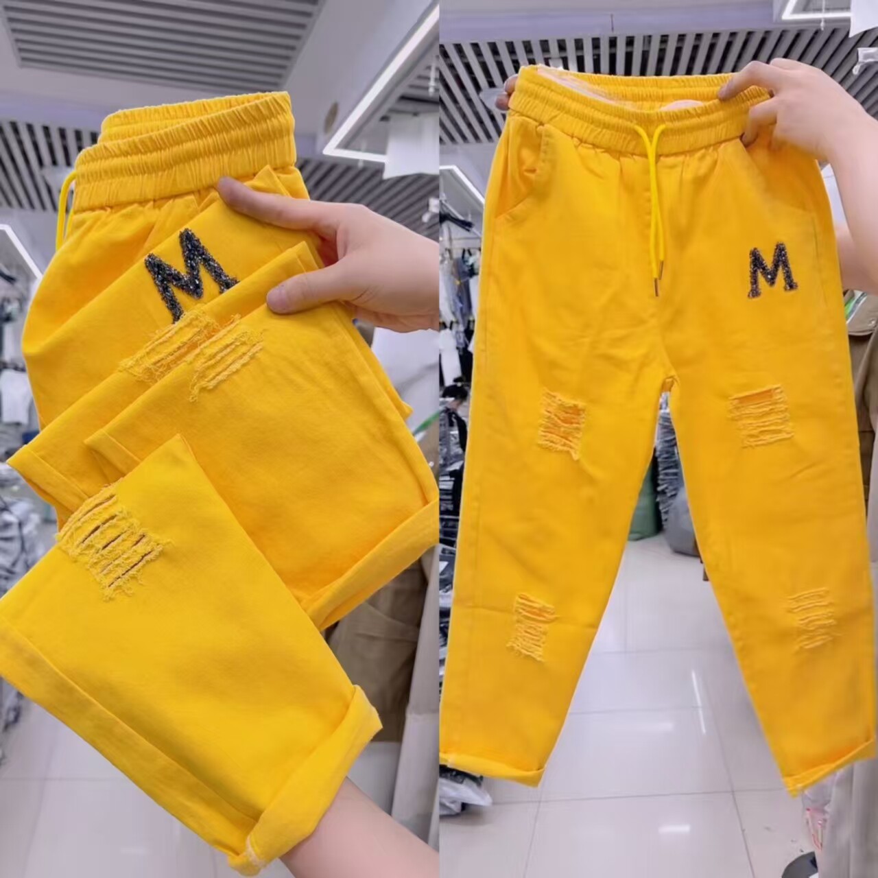 糖果色破洞水洗棉松紧腰直筒女裤