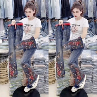 品质重工刺绣牛仔微辣裤修身显瘦弹力牛仔长裤春季花朵钉珠喇叭裤