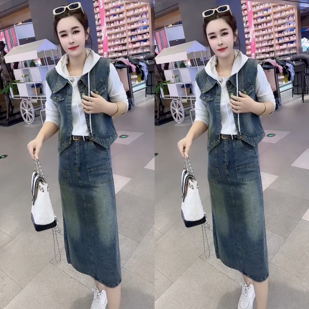 欧货时尚牛仔套裙女马甲+长袖连帽衫+中长裙自由搭配洋气套裙2026