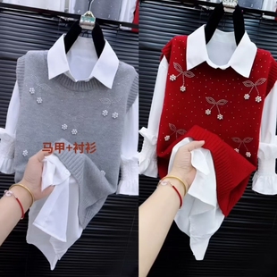 两件套2025年洋气叠穿砍袖 衬衫 毛衣背心潮 重工钉珠针织马甲 新款