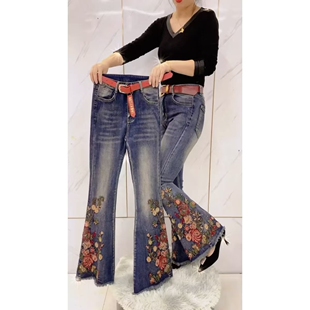 重工刺绣牛仔微辣裤修身显瘦弹力牛仔长裤秋季花朵钉珠喇叭裤