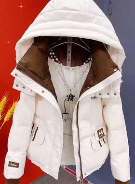 高品质撞色连帽羽绒服女士短款遮肉外套2025年冬季爆款防风保暖衣