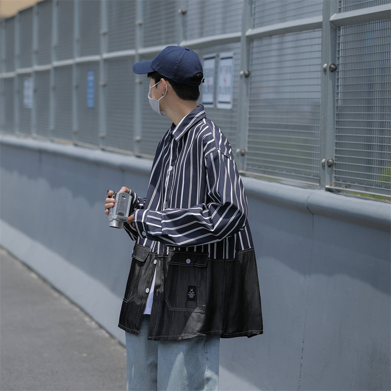 春季做旧长袖衬衫男条纹宽松休闲衬衣多口袋C208P45,男装衬衫,电商C323
